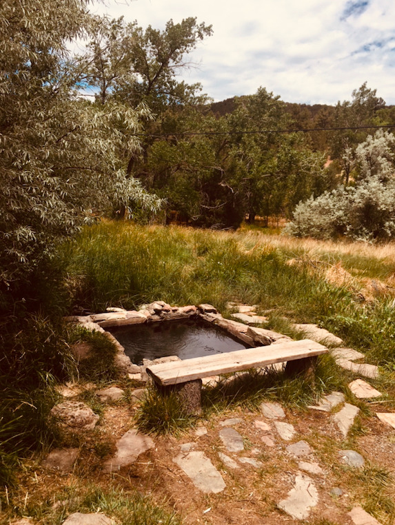 A bench in the middle of a field with water.