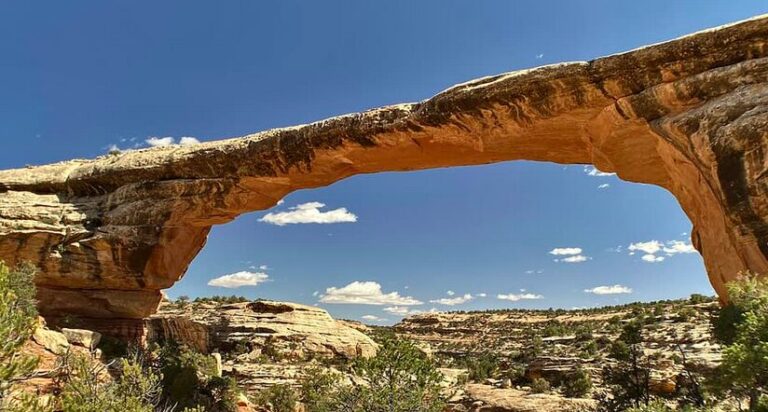 A view of the landscape from under an arch.