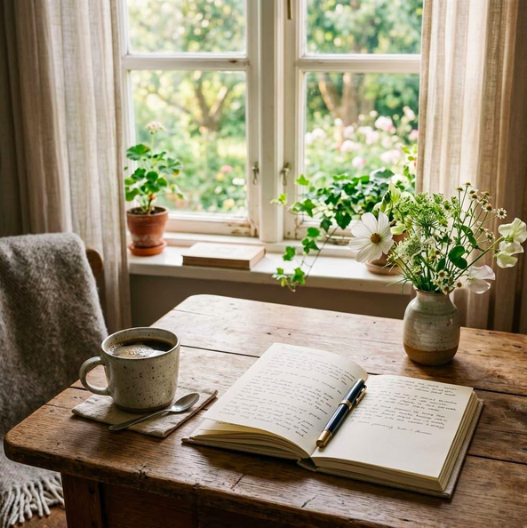 picture window with a table holding a journal, flowers, chair w/ blanket over it